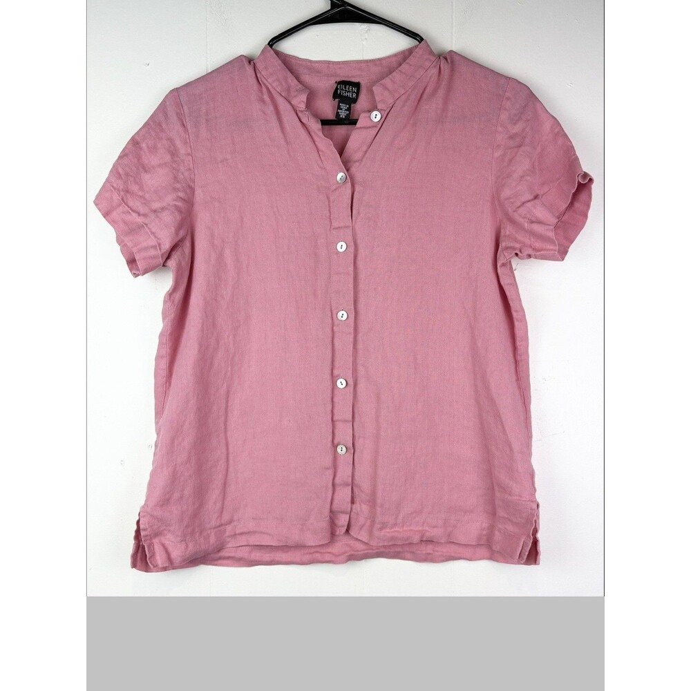 Eileen Fisher Blouse 100% Irish Linen Pink Button Down Shirt Sleeve Size XS